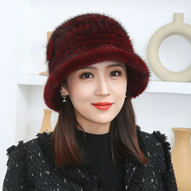 Real Fur Hat Winter for Women's Cap Natural Mink Fur Fur Beanies Luxury Russian Sun Knitting Bucket Hat Bonnets Fashion