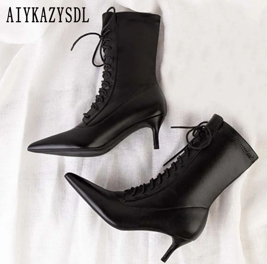 

AIYKAZYSDL 2024 Autumn Spring Lace Up Ankle Boots Pointed Toe Work Office Lady Shoes Kitten Low Heel Short Booties Plus Size 43