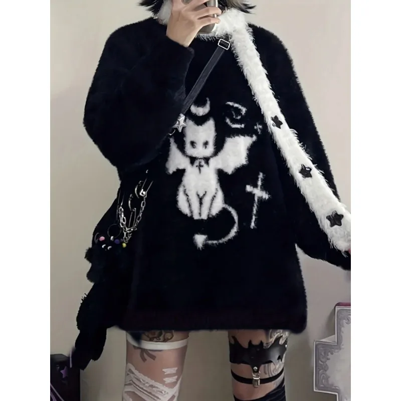 Women's Y2K Devil Jacquard Pullover Knit Sweater for Winter Gothic Style Furry Pullover Sweaters for Female