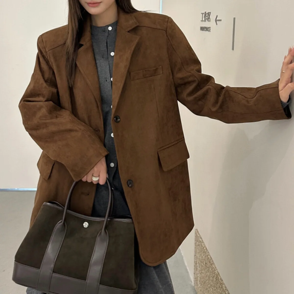 KWTX Damen-Blazer aus Wildleder, Vintage, elegant, mit zwei Knöpfen, verdickt, warm, A/W, einfarbig, schick, Designer, Neuankömmling, Premium-Qualität