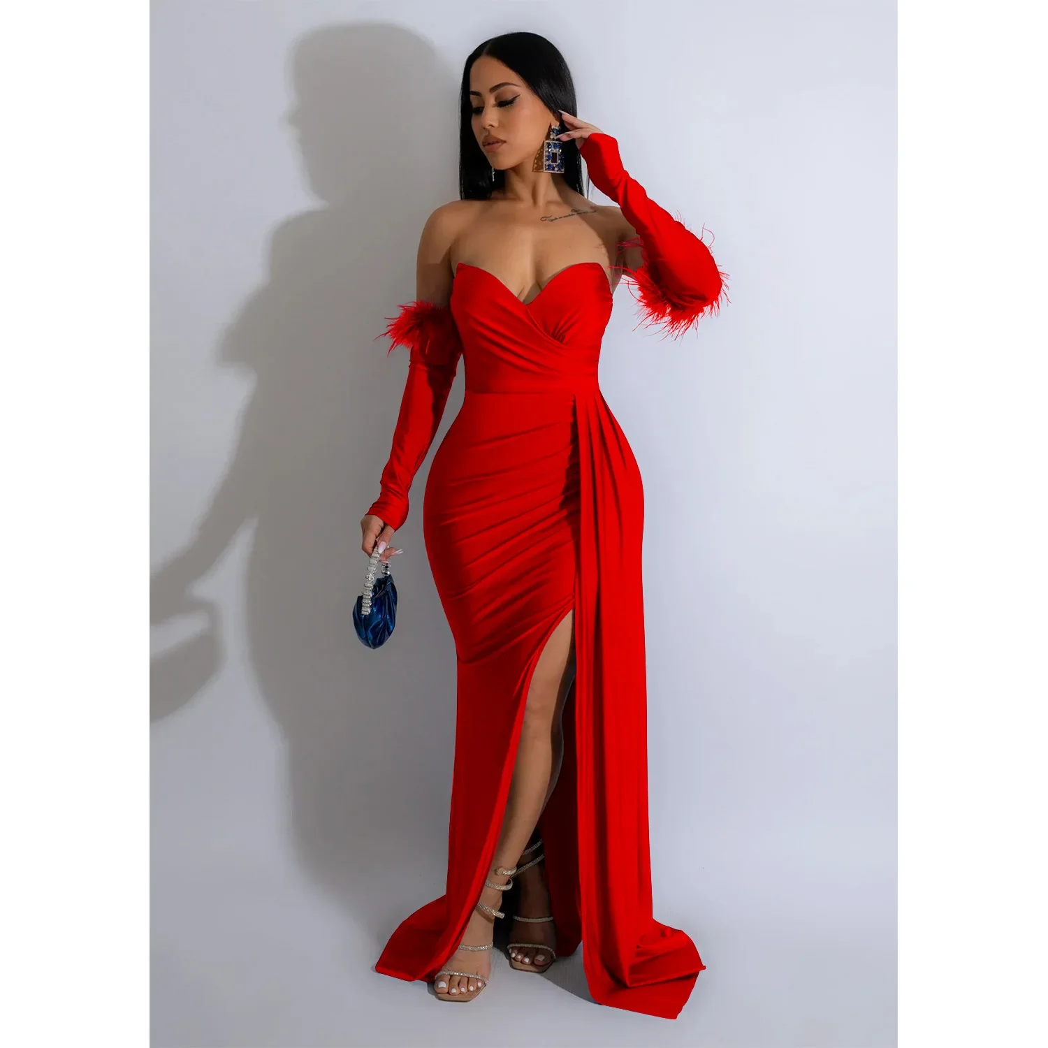 Sexy Solid Color Ruched Bodycon High Fork Hollow Out Dress Women Strapless Feathers Sleeve Pleat Dress Evening Dresses