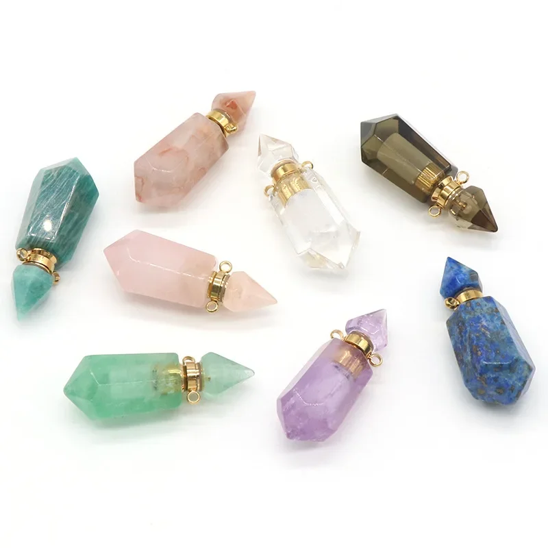 1 Piece Natural Chakra Semi-precious Stone Quartz Lapis Amethyst Crystal Perfume Essential Oil Bottles Pendant Necklace