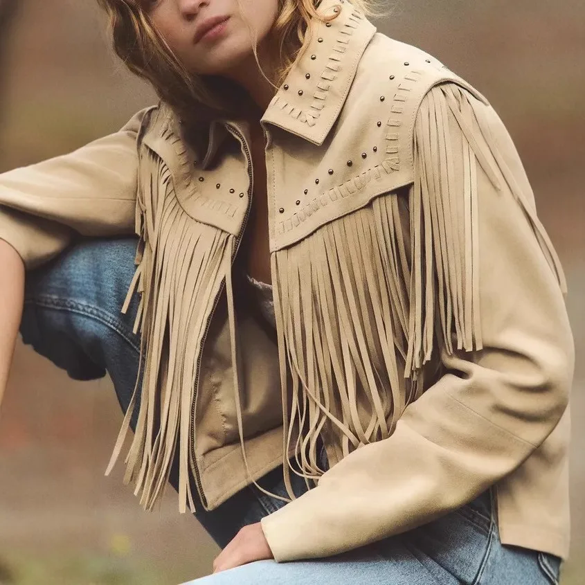 Retro American Tassel Rivet Leather Jacket Fake Leather Coat