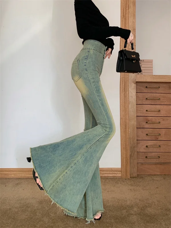 

High Waist Slim Fit Bell Bot Denim Jeans Double Bule Trendy Design Wide Leg Frayed Autumn New Sle Women's Pants