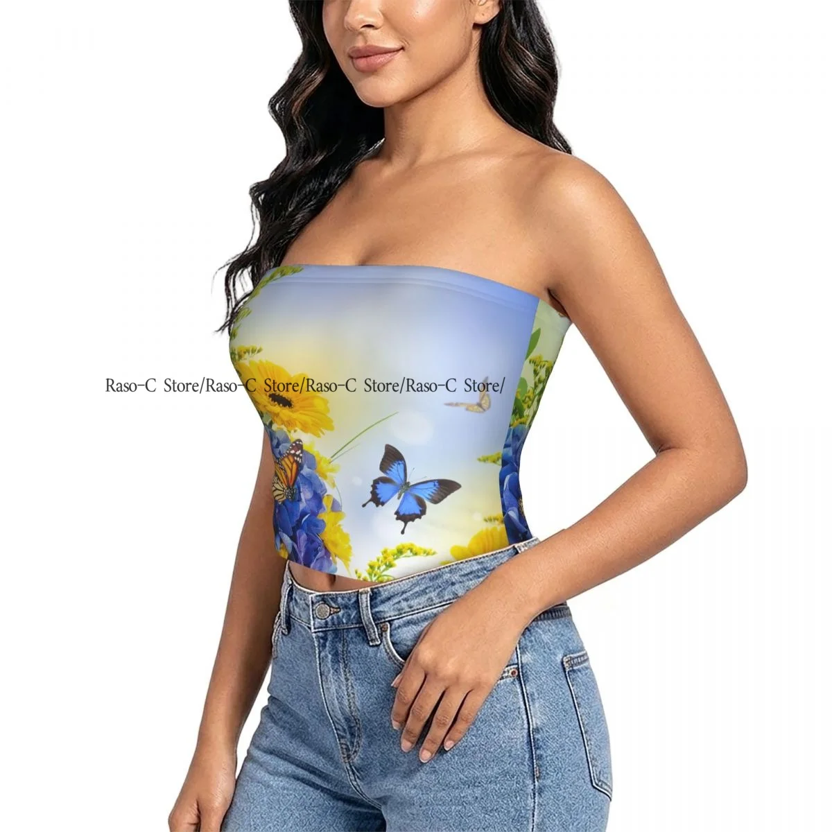 Women's strapless halter top Blue Hydrangeas And Butterfly summer sexy short-sleeved top