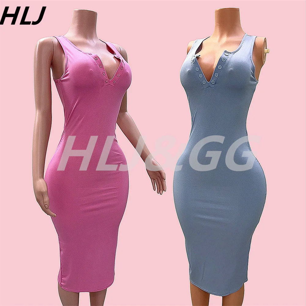 

HLJ Spring New Ribber V Bodycon Mid Dresses Women Button U Neck Sleeveless Slim Vestidos 2025 New Stretchy Solid Color Clothing