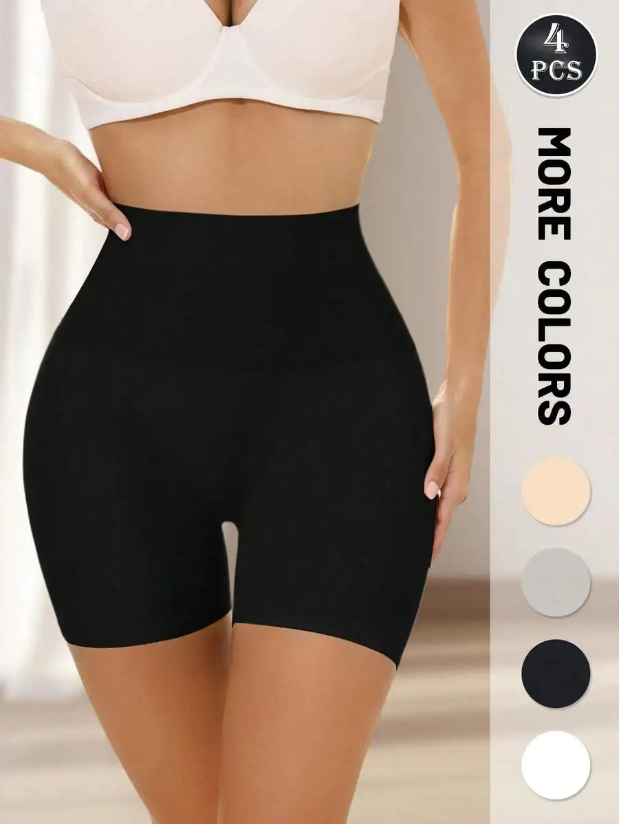 

4 Pairs Women High Waist Safety Shorts Seamless Non-Rolling Solid Color Slimming Underwear
