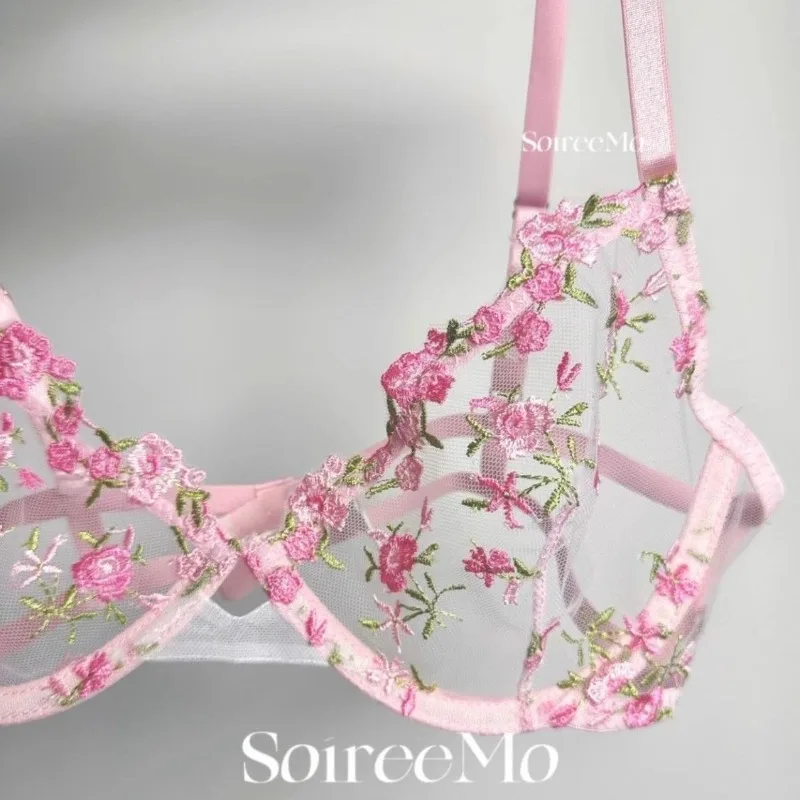 طقم حمالة صدر من الدانتيل الفرنسي للاستخدام اليومي، شبكة شفافة، صدرية كبيرة تدعم الأزهار والتطريز، ملابس مريحة، طقم ملابس داخلية مثيرة من MOYISU #4