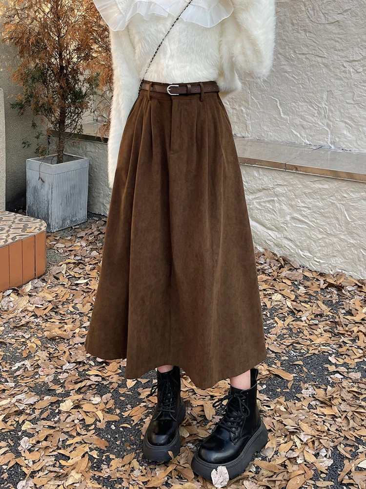 Women\'s Vintage Black Corduroy Midi Skirt High Waist Pleated A-line Skirt for Autumn Winter Streetwear Casual Korean Style 2025