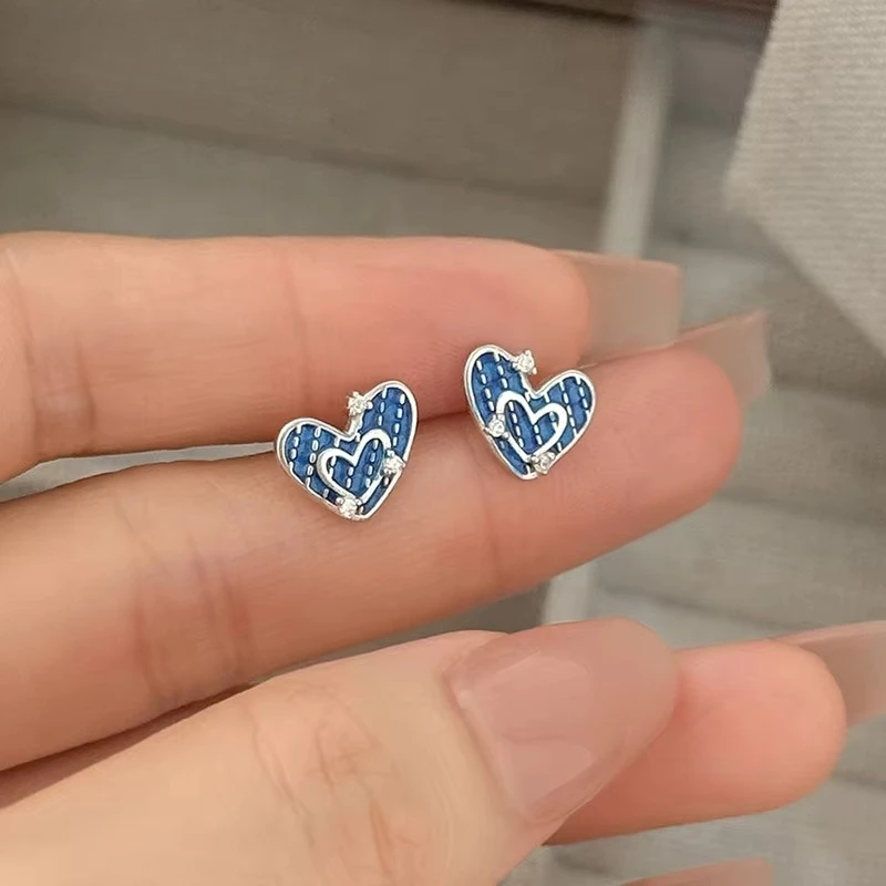 S999 Sterling Silver Needle Sweet Enamel Heart Zircon Stud Earrings for Women Personality Fashion Jewelry Party Accessories