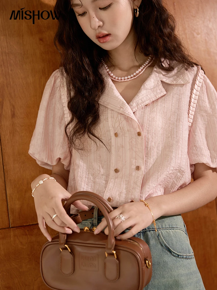 MISHOW Retro Pink Short Sleeved Shirt 2024 Summer V-neck Folded Ruffled Edge Top Elastic Cuffs Lapel Neck Blouses MXD29C0273