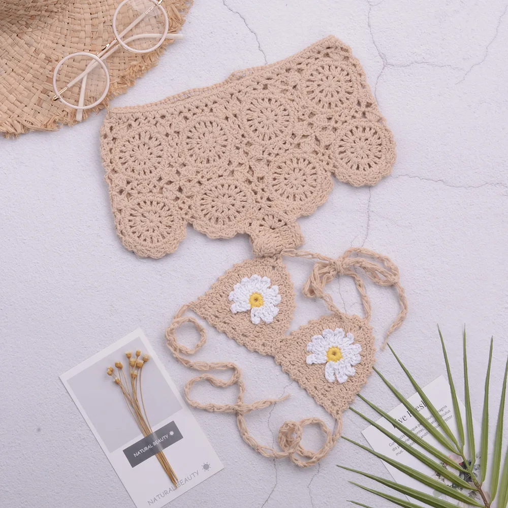 

Children's Handmade Crochet Bikini Fashion Korean Style Daisy Split Swimsuit Tie Set