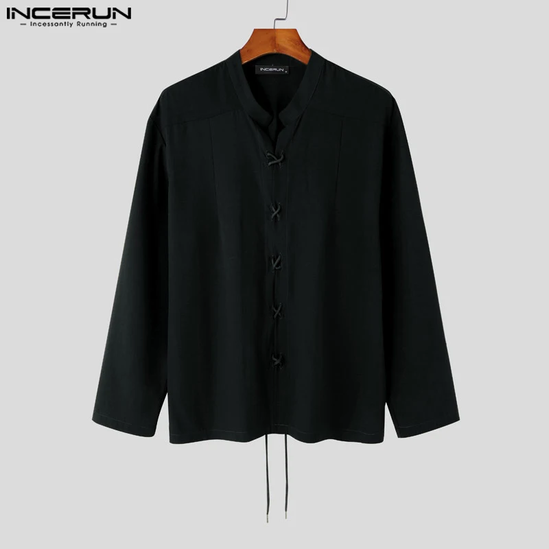 INCERUN Men Shirt Solid Color Stand Collar Long Sleeve Lace Up Casual Men Clothing Streetwear Vintage Leisure Male Shirts S-5XL