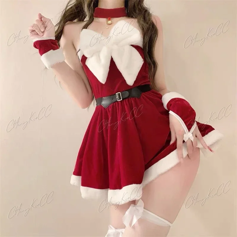 Santa Girl Christmas Dress Female Sense Carnival Dress Up Party Show Costume Red Bowdress flanella Cosplay Holiday Party Kawaii