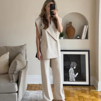 Women's Stripe Vest Trouser Suits Urban Sleeveless Turn-Down Collar Jcaket Wide Leg Zippers Pants 2025 Summer Lady Outfit
