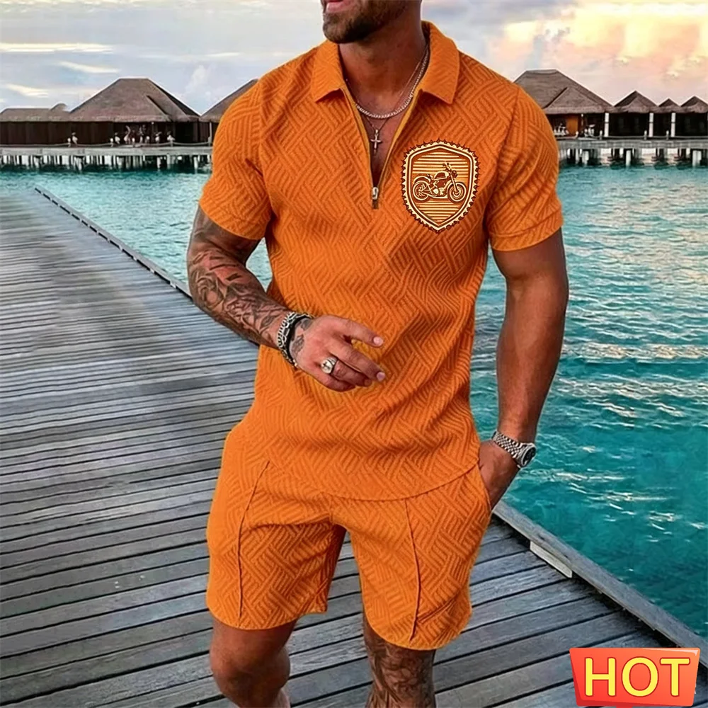 

Summer men's two-piece Set 3D Motorcycle men' Outfit Men's Zipper Polo Set Breathable men's Casual Polo Set Matching 2 Piece Set