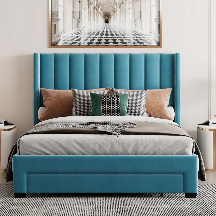 Velvet Bed Upholstered Platform   Storage  with a Big Drawer - Queen Size  Blue