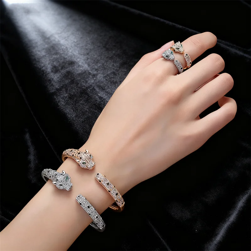 

Роскошный леопардовый браслет, комплект колец, паве 5А, цирконы, кристалл пантера, открытый браслет, модная женская праздничная одежда, комплект ювелирных изделий