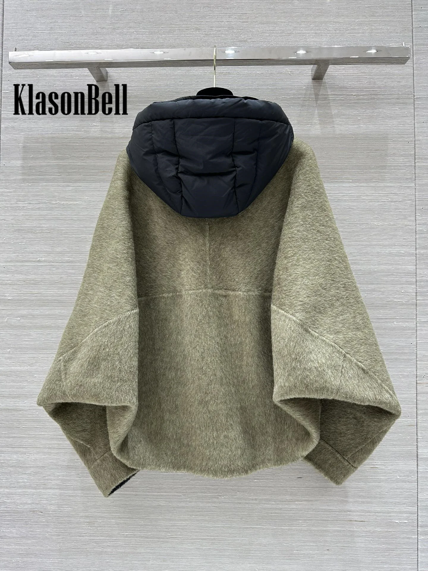 9.25 KlasonBell Women Double-Sided Wool Short Coat Vintage Down Hooded Spliced Woolen Loose Batwing Sleeve Cloak Outerwear