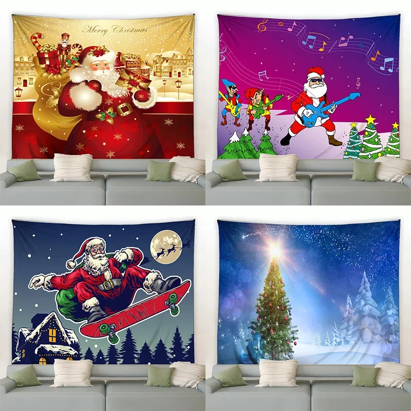 Christmas Tree Cartoon Santa Claus Tapestry Bedroom Living Room Home Christmas Decoration Tapestry