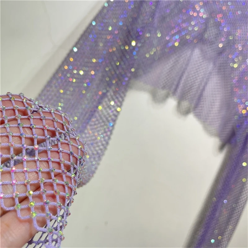 Women Colorful Rhinestones Long Sleeve Crop Top Sparkly Glitter Drill Shawls Shrug See Through Fishnet Cover Up Clubwear