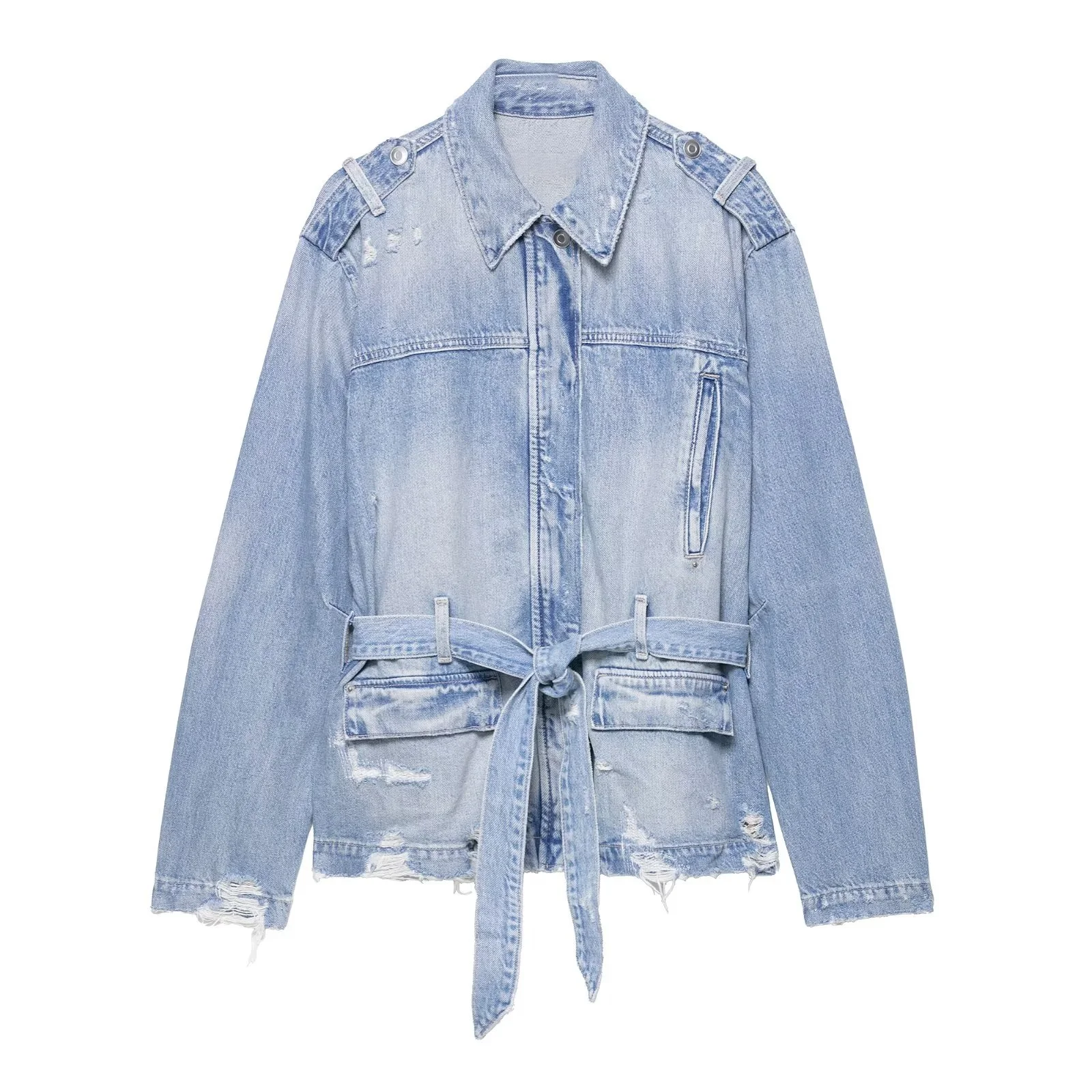

PB&ZA2025 autumn new women's casual fashion simple ripped retro lapel long-sleeved denim with belt jacket coat loose top