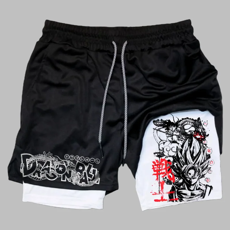 شورت رياضي مزدوج 2 في 1 من Dragon Ball Z Anime للرجال، شورت رياضي فضفاض يسمح بالتهوية