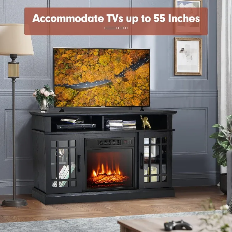 COSTWAY Electric Fireplace TV Stand for TVs Up to 55 Inches, 18-Inch Fireplace Insert with Remote, Overheat Protection