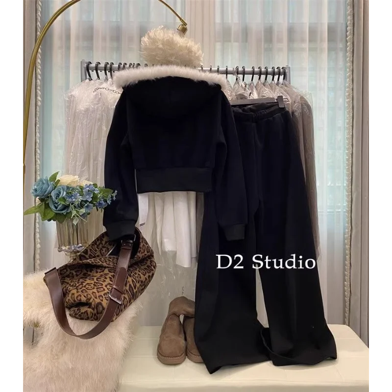 Dames nieuw gestikte bontkraag capuchon rits jas wijde pijpen broek modieus effen kleur veelzijdig casual tweedelig pak