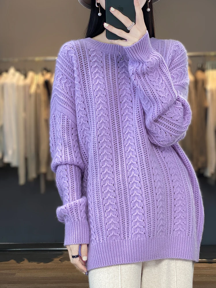 New Arrivals Hollow Out Large Size 100% Merino Wool Women\'s Sweater O-Neck Pullovers Knitted Jumpers Lady Clothes Fashion Trends