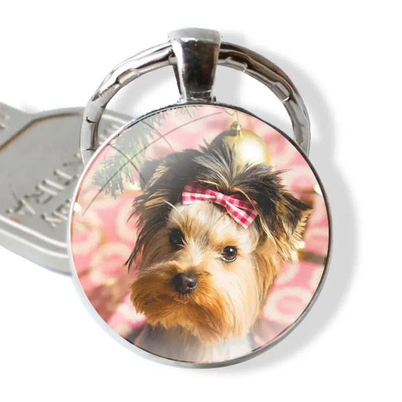 Keychain Glass Cabochon Metal Pendant Classic Men\'s Women\'s Keyring Yorkshire Terrier Puppy Dogs animal