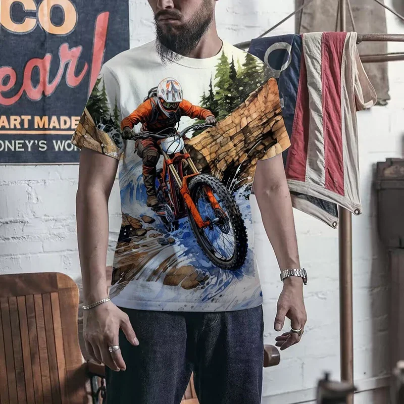 Summer New Fashion Cool Motocross Pattern T-Shirt Men's Trendy Taste Harajuku 3D Bicycle Printed Plus Size Short Sleeve Tees