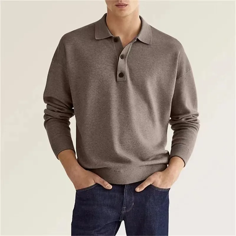 Men\'s Long Sleeve POLO Shirt Solid Color Lapel Button Office Commuter Business Casual Pullover Fashion Sports T-shirt S-3XL