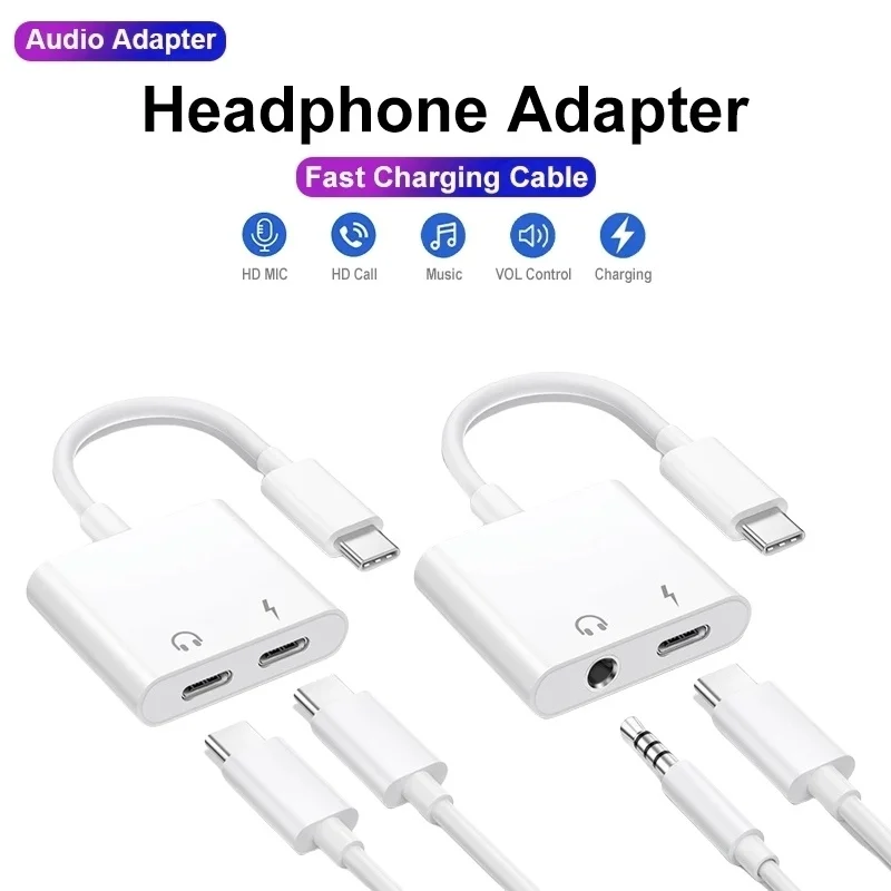 

2-in-1 Audio Adapter USB C to 3 5 mm Jack Type-C Charging 3.5mm Aux Cable For Samsung Xiaomi Huawei Wired Headphones Connector