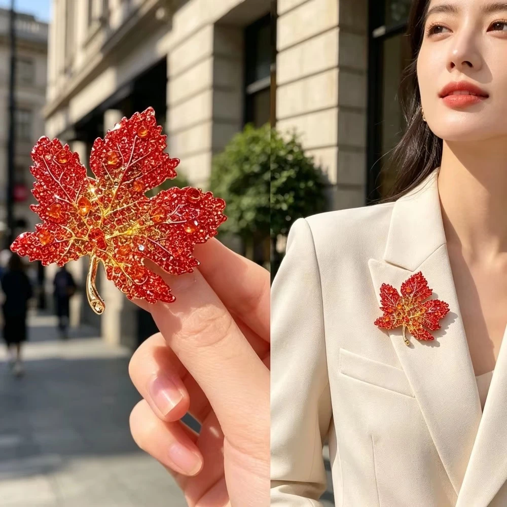 Crystal Metal Maple Leaf Brooch Unisex Elegant Plant Leaf Brooch Pin Party Clothing Decor Jewelry Gift for Men Women