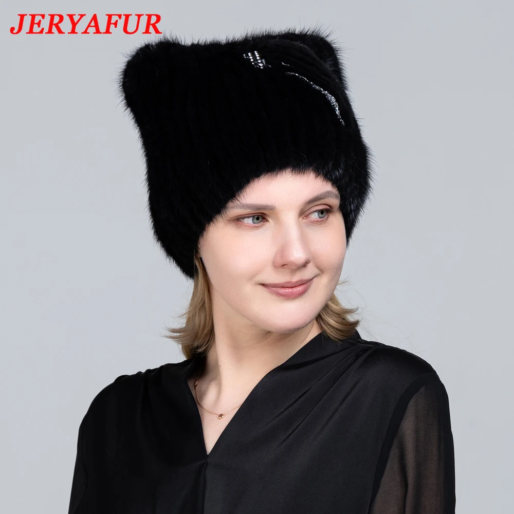 JERYAFUR Winter Women\'s Hat Real Natural Mink Fur Hats New Fashion Fur Caps Female Thick Warm Russian Beanies Caps