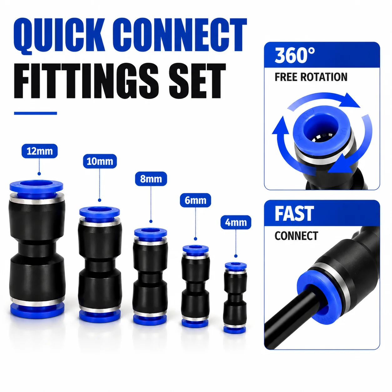 4-12MM Pneumatic Push In Fittings Kit, Multifunctional PU Air Hose Tube Couplings, Straight Airway Interface, Easy Installation