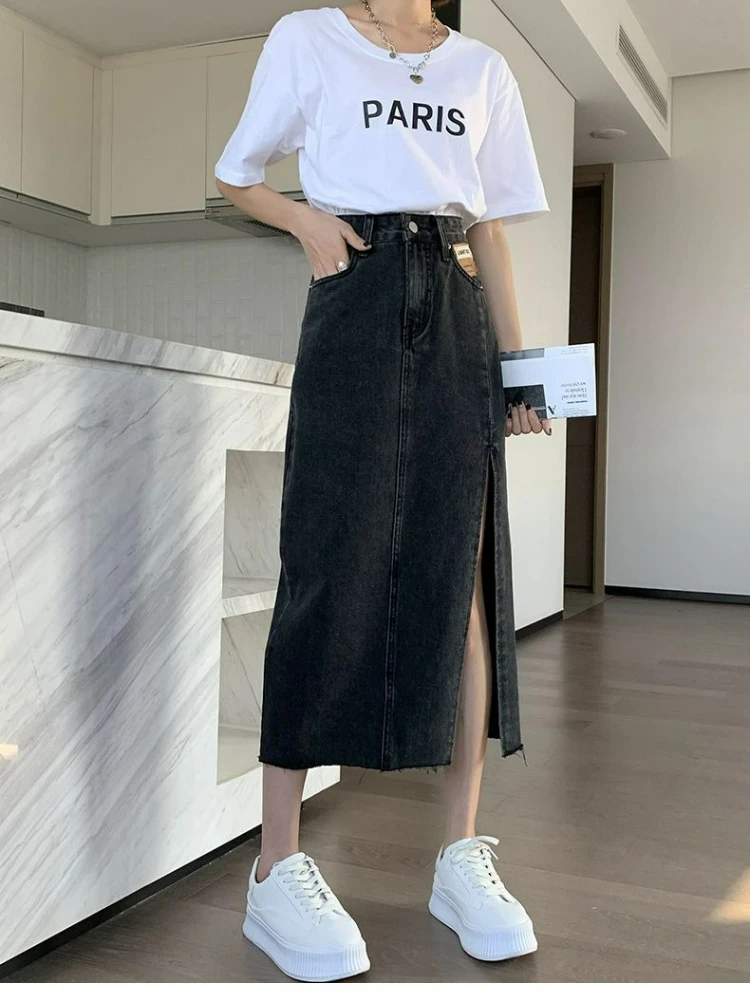 여성 스플릿 데님 드레스 2025 여름 신상 미디 기장 슬림 A라인 드레스 빈티지 심플 캐주얼 롱 스트릿웨어 올매치 스커트