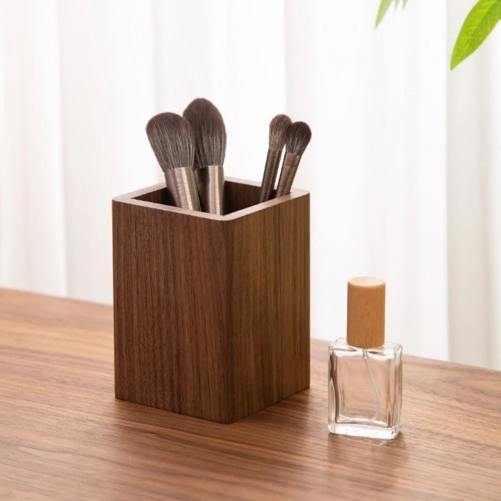 Beech Walnut Wood Brush Pot Simple Smooth Hickory Wood Pen Holder Multi-Purpose Desktop Storage Makeup Brush Organizer
