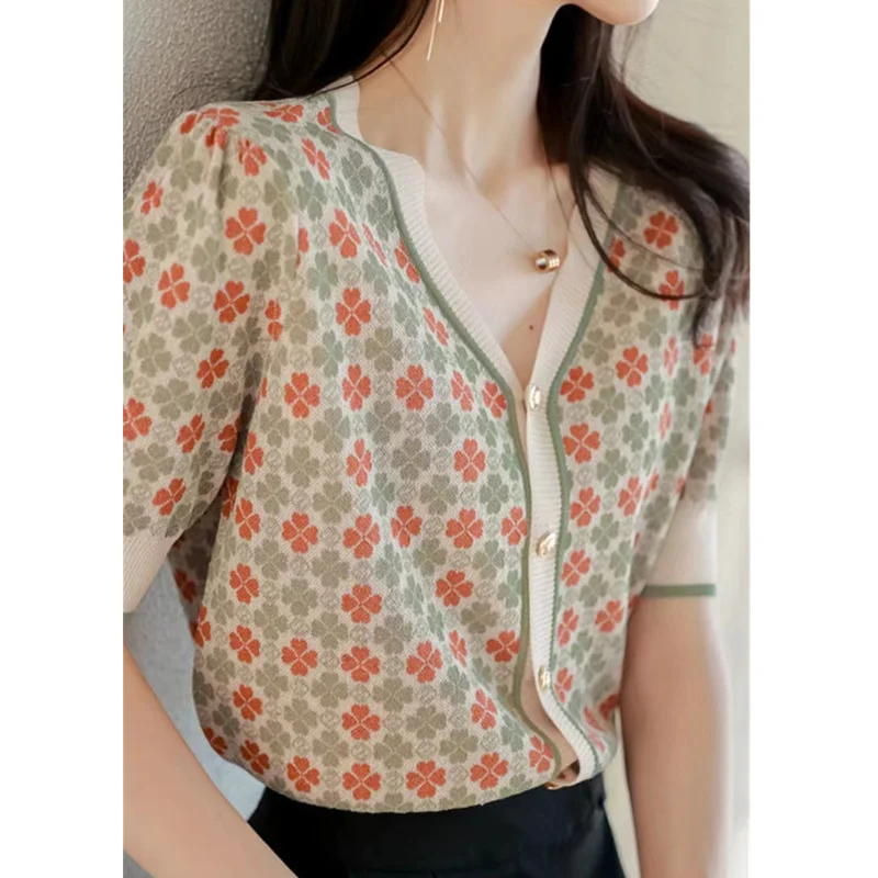 Summer floral ice short sleeve cardigan women\'s V-neck half sleeve jacket loose T shirt cotton thread top