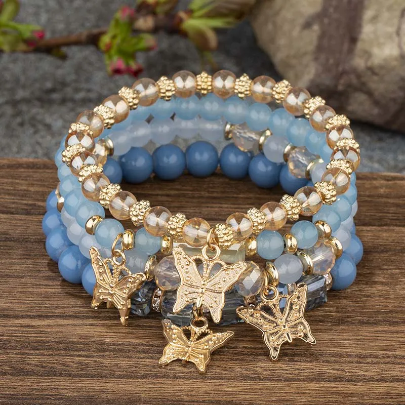 Conjunto de pulsera con cuentas de mariposa para mujer, brazalete de cadena elástica con cuentas acrílicas rosas, regalo de joyas de fiesta bohemia, 4 Uds.