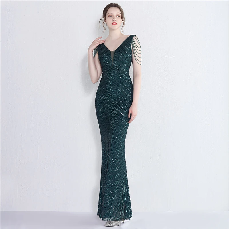 DEERVEADO Mermaid V Neck Sequins Luxury Evening Dresses with Beads Women\'s Elegant Formal Occasion Dress Prom Party Maxi Dress