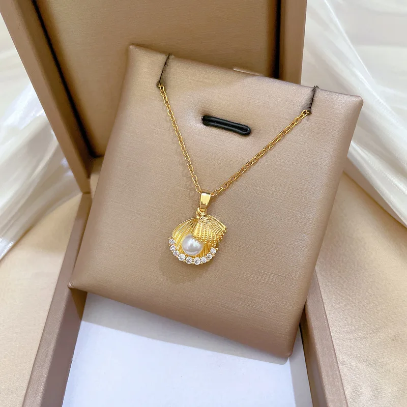 DIEYURO 316L Stainless Steel Double Layered Shell Pearl Zircon Pendant Necklace For Girl New Fashion Clavicle Chain Jewelry Gift