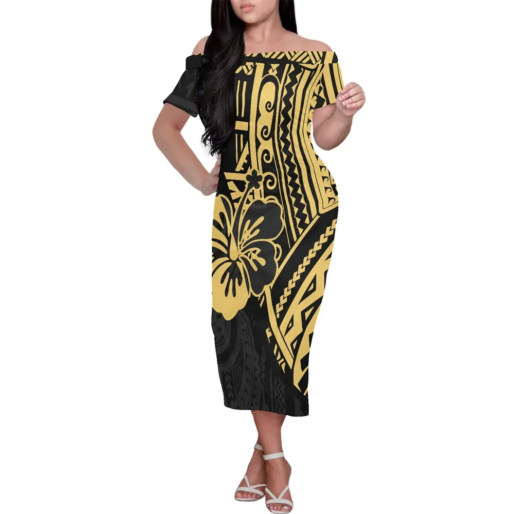 

Fashion Summer Women Bodycon Off Shoulder Midi Dresses Polynesian Tribal Clothing Samoa Fjian Tapa Elegant Evening Party Dress