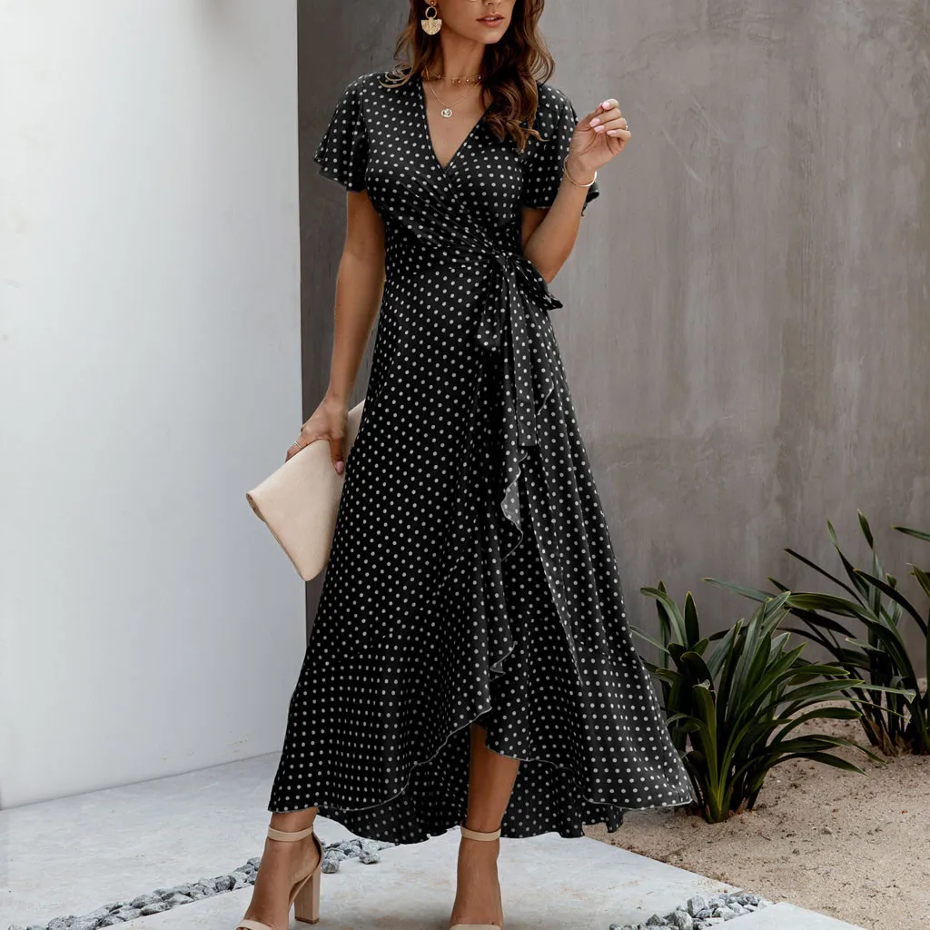 Czeski Polka Dot Wrap V Neck szyfonowa sukienka z krótkim rękawem Split Ruffles zasznurować Maxi sukienka moda Casual damska letnia sukienka