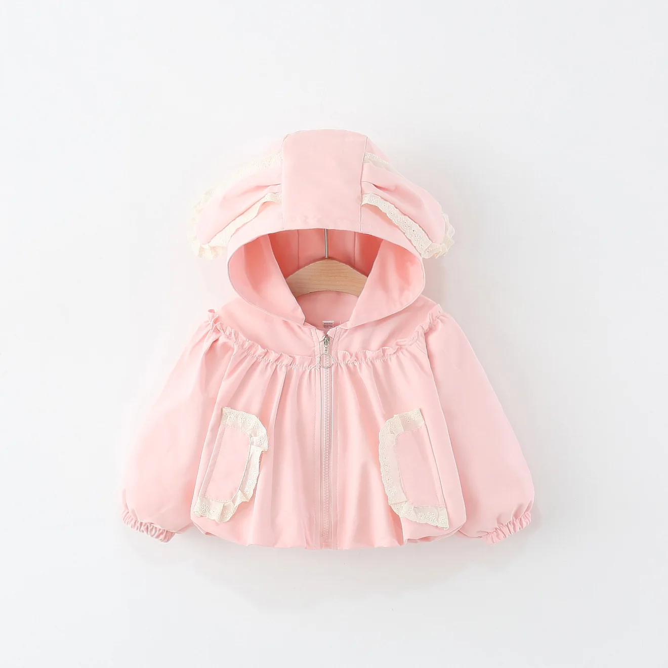 

2025 autumn new lace pocket rabbit ears solid color trench coat, girls cute little trench coat