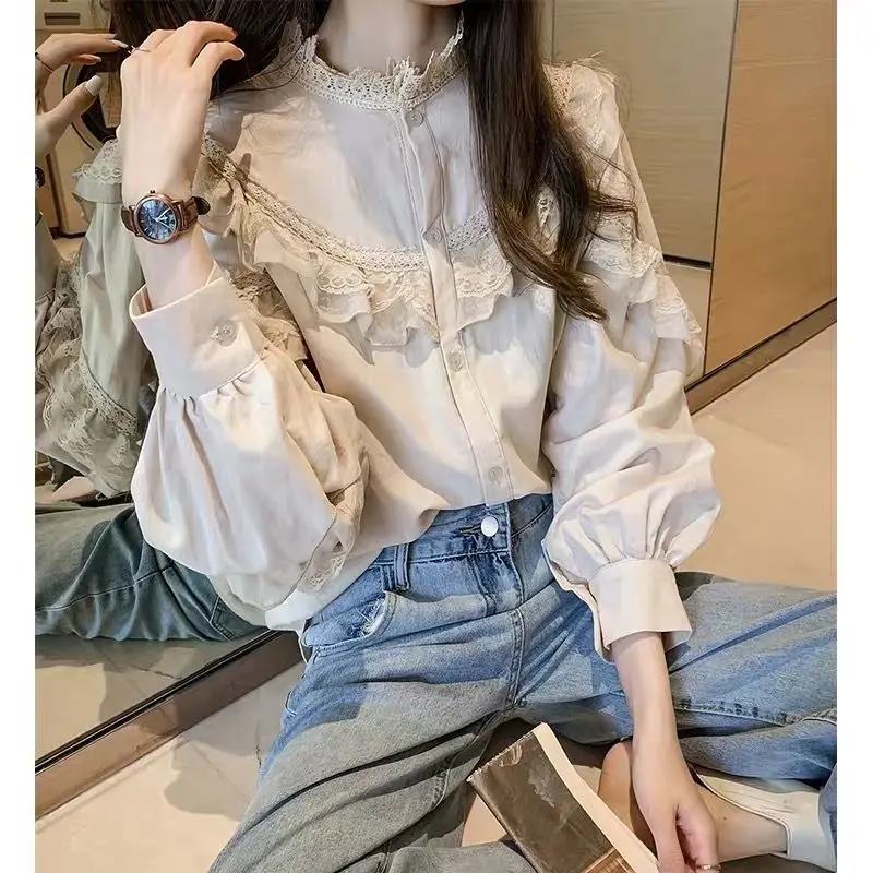 Harajuku Retro Blouse Women Shirt Lace Long Sleeve Tops Korean Fashion Luxury Designer Clothing