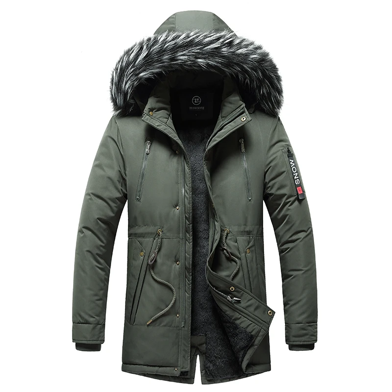 New Winter Fleece Men Parkas Jacket Long Hooded Fur Collar Windproof Coats Thick Warm Cotton Coat Mens Jackets Windbreaker Parka