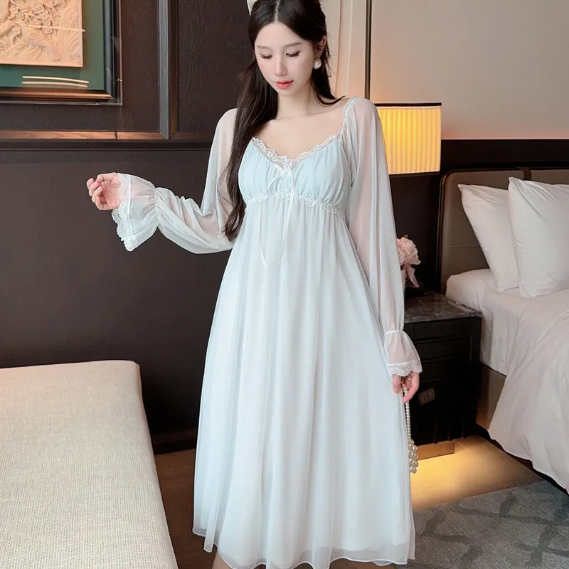 

Sexy Lace Mesh Nightwear Modal Nightdress Princess Homewear Palace Style Nightgown Women Long Sleeve Sleepwear Loungewea