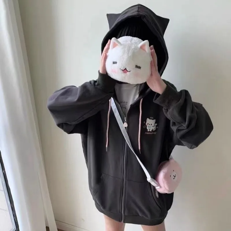 Kawaii meninas orelhas de gato preto jaquetas com capuz rua menina subcultura japonesa streetwear coreano bonito zip up moletom com capuz